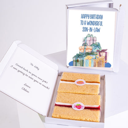 Letterbox cake gift with present-themed birthday design for son-in-law