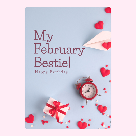 February birthday card with hearts and alarm clock