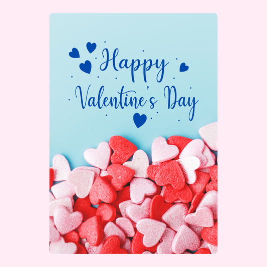 Valentine's Day card with heart-shaped candies and Happy Valentine's Day
