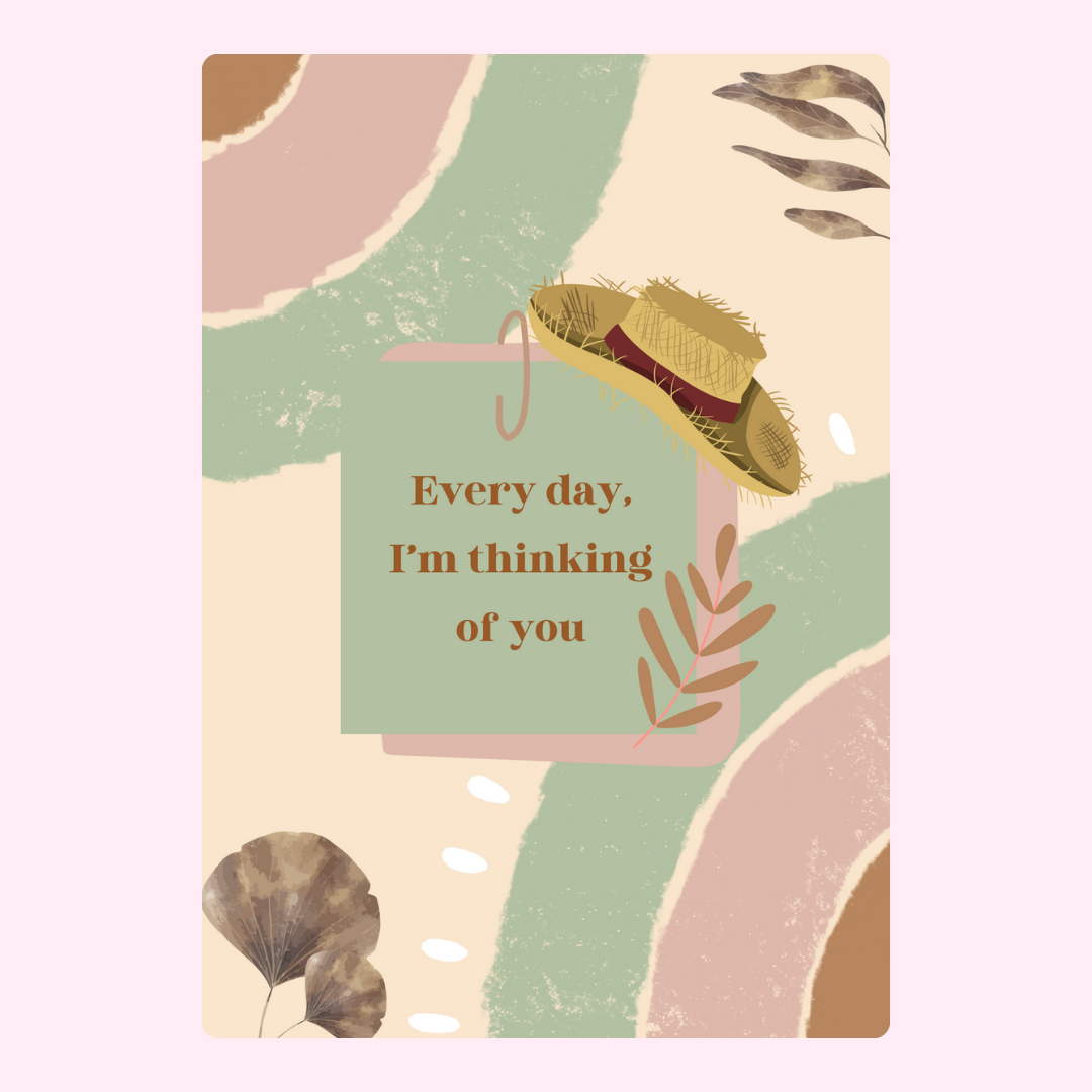 Thinking of you card with straw hat and leaves