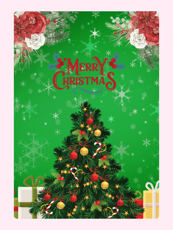 Christmas card with decorated tree and Merry Christmas