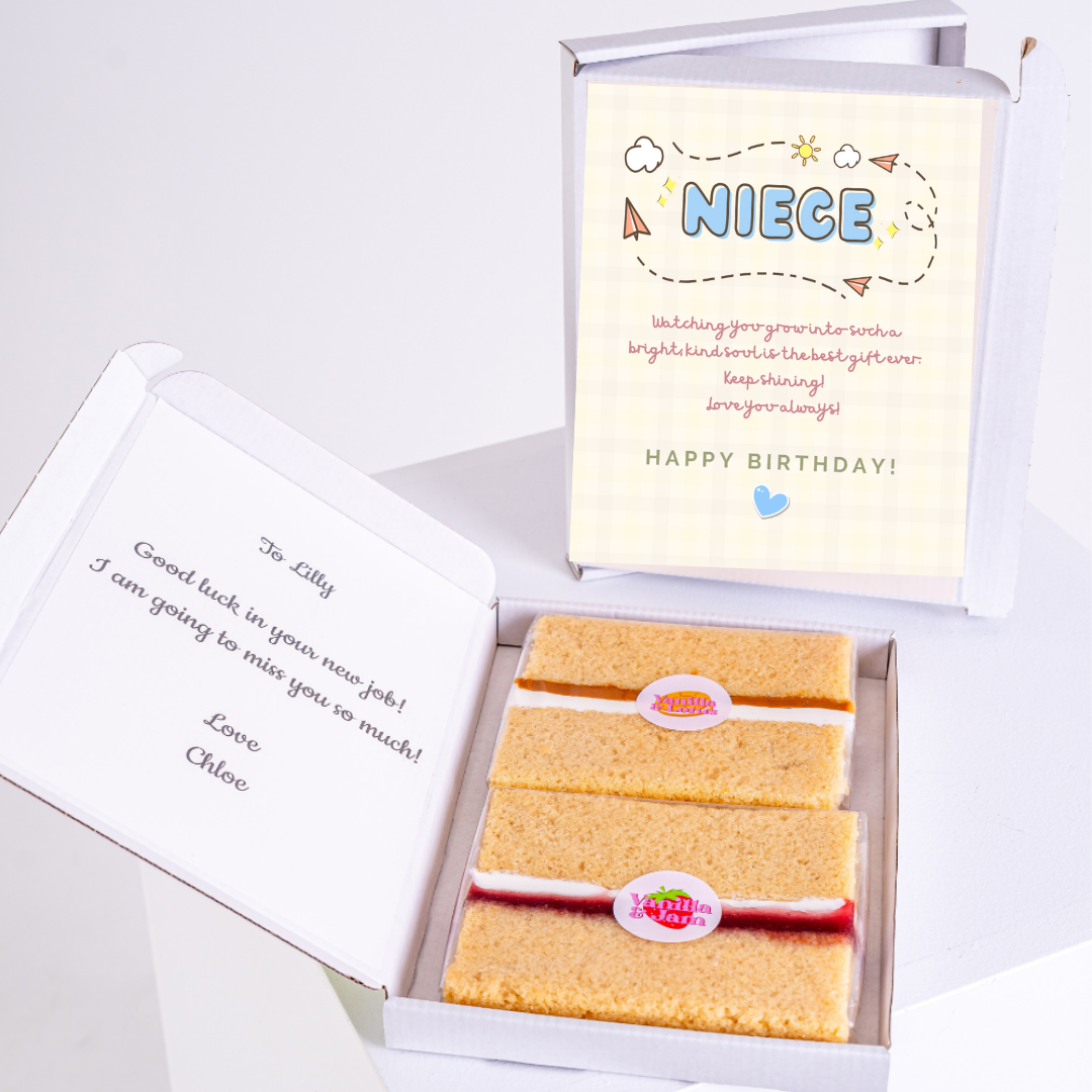 Letterbox cake gift with pastel birthday message for niece.