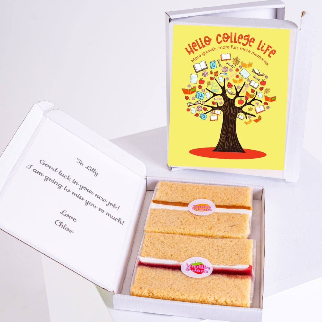 Leter box Hello College Life tree with books and apples on yellow.
