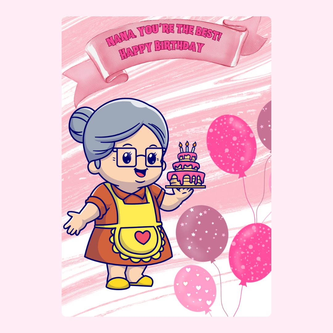Happy Birthday Nana card with cake and balloons