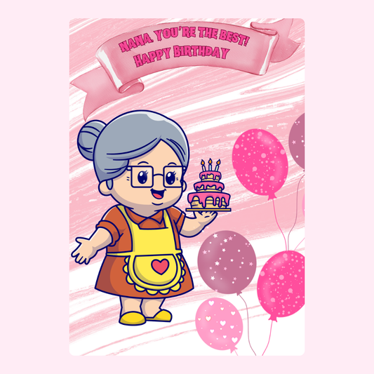 Happy Birthday Nana card with cake and balloons
