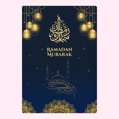Ramadan Mubarak greeting card with mosque and lanterns