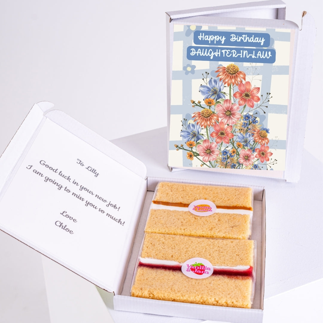 Letterbox cake gift with birthday message for daughter-in-law.