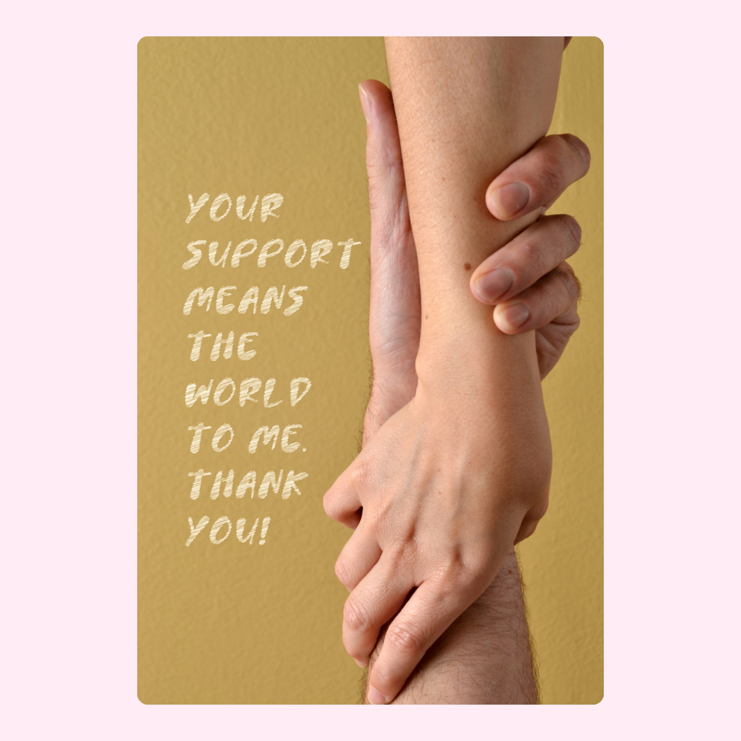 Support message with hands holding, thank you.