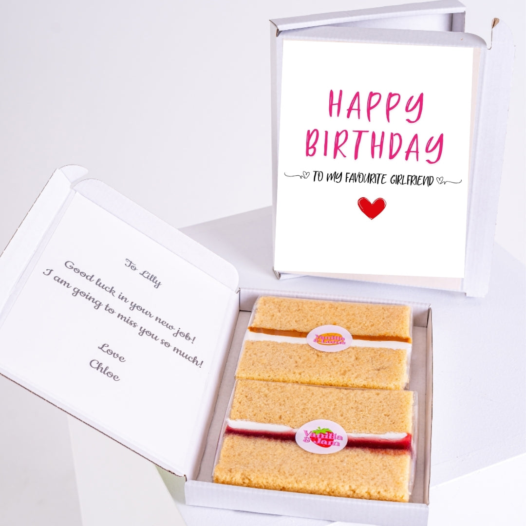 Letterbox birthday cake gift with message for girlfriend.
