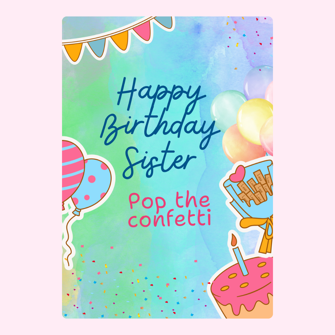 Happy Birthday Sister card with balloons and confetti