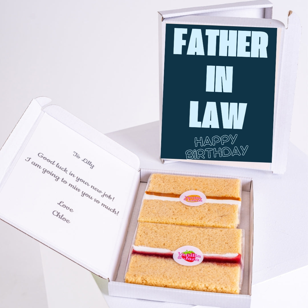 Letterbox cake gift with message for Father-in-Law.
