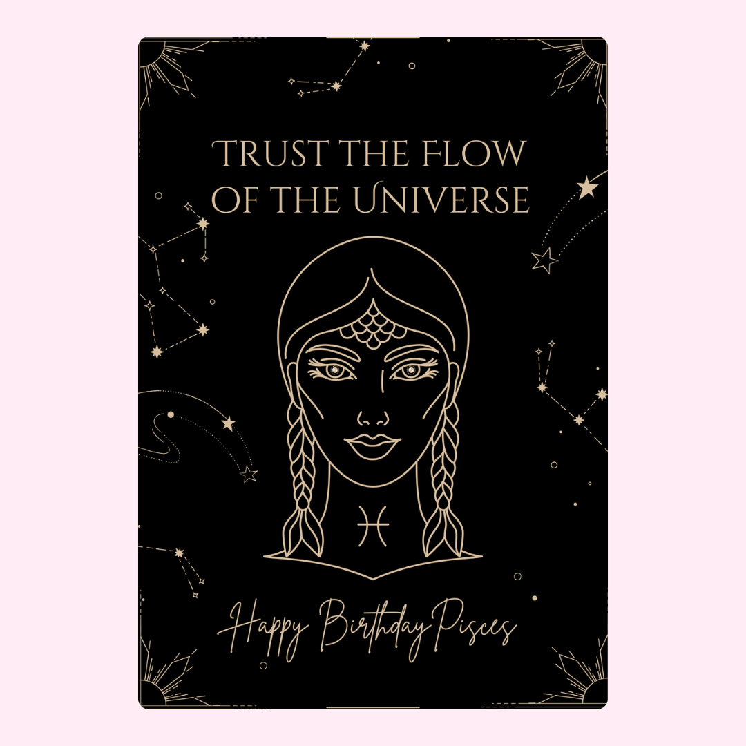 Pisces birthday card with Trust the Flow message