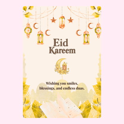Eid Kareem greeting card with lanterns and crescent moons.