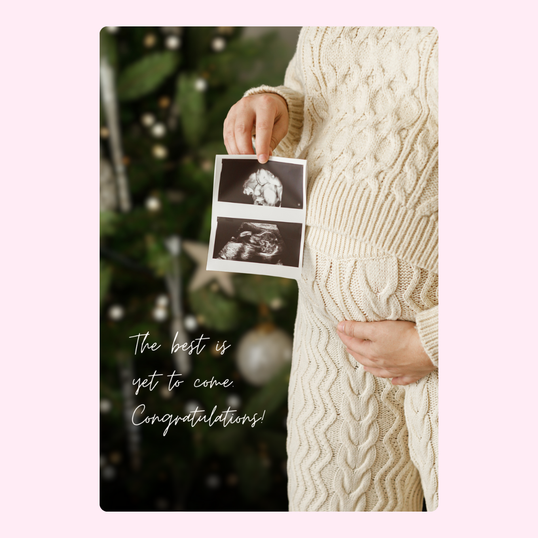 Pregnancy announcement with ultrasound scans and Christmas tree.