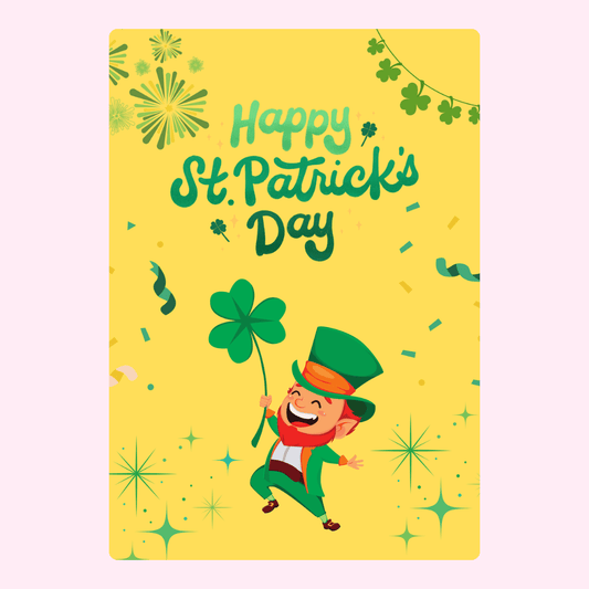Happy St. Patrick's Day card with leprechaun and shamrock