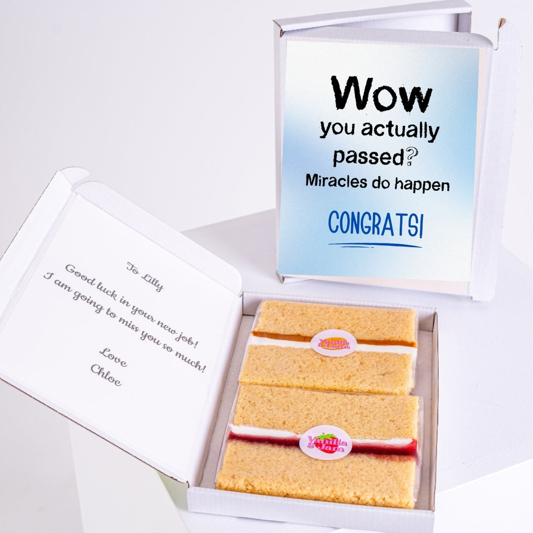 Gift box with message saying “Wow you actually passed?” and treats.