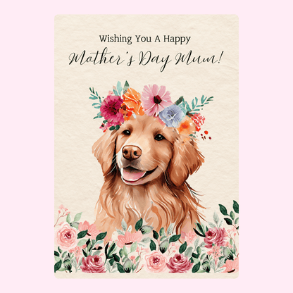 Mother's Day card with golden retriever and flowers.