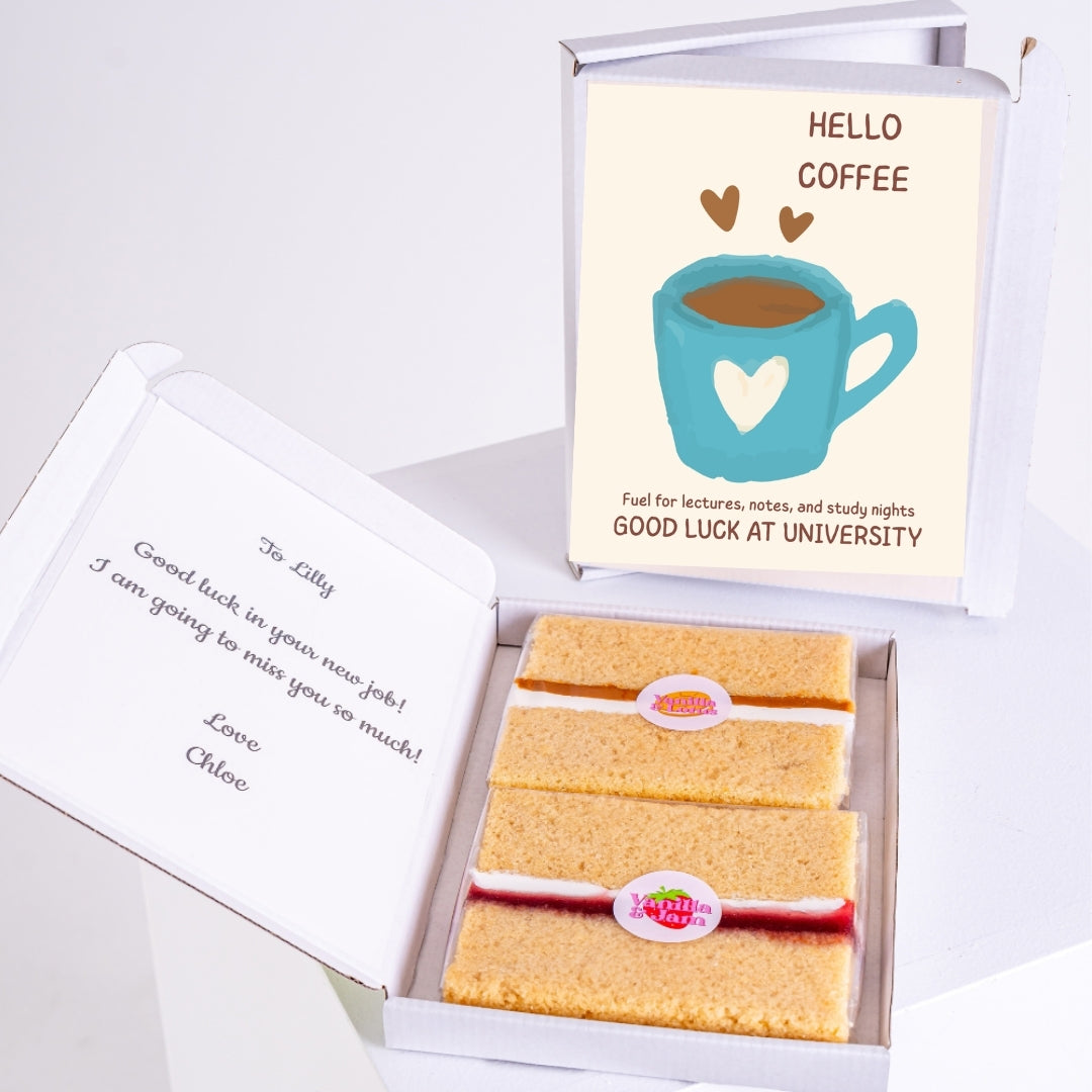 Letterbox cake with coffee cup university design.
