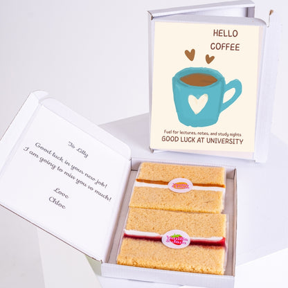 Letterbox cake with coffee cup university design.