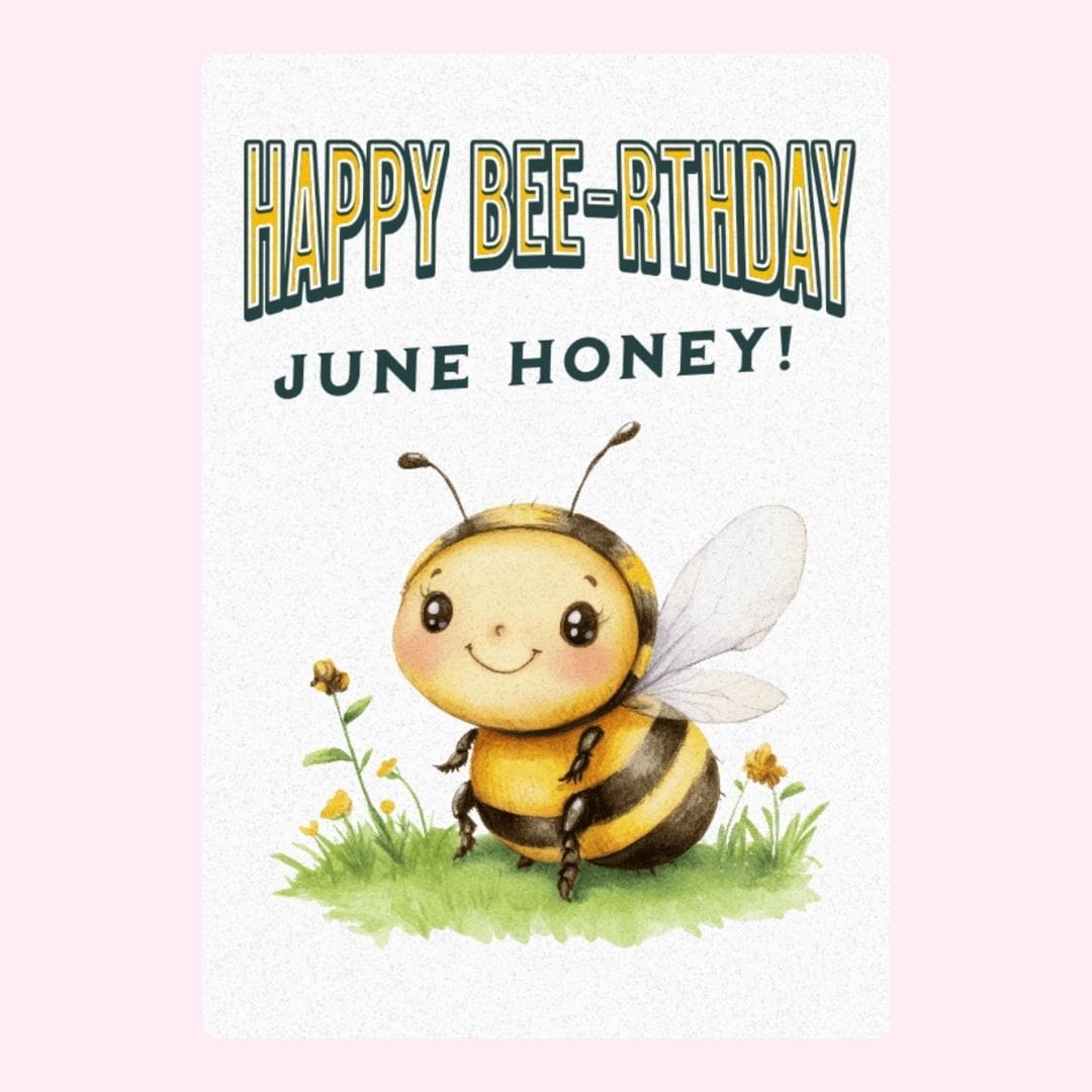Happy Bee-rthday June Honey! Birthday card with cute bee.