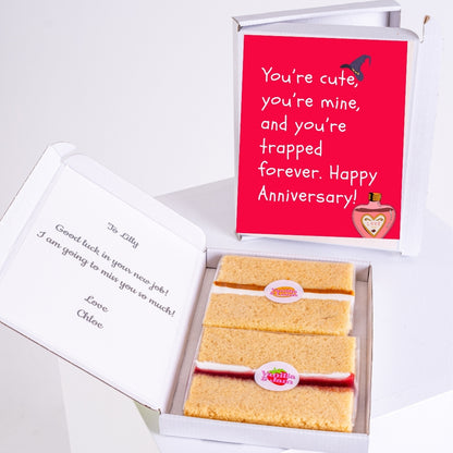 Letterbox gift showing anniversary message and treats.