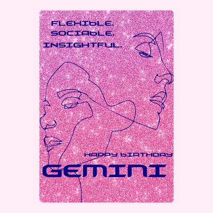 Gemini birthday card with line art faces.