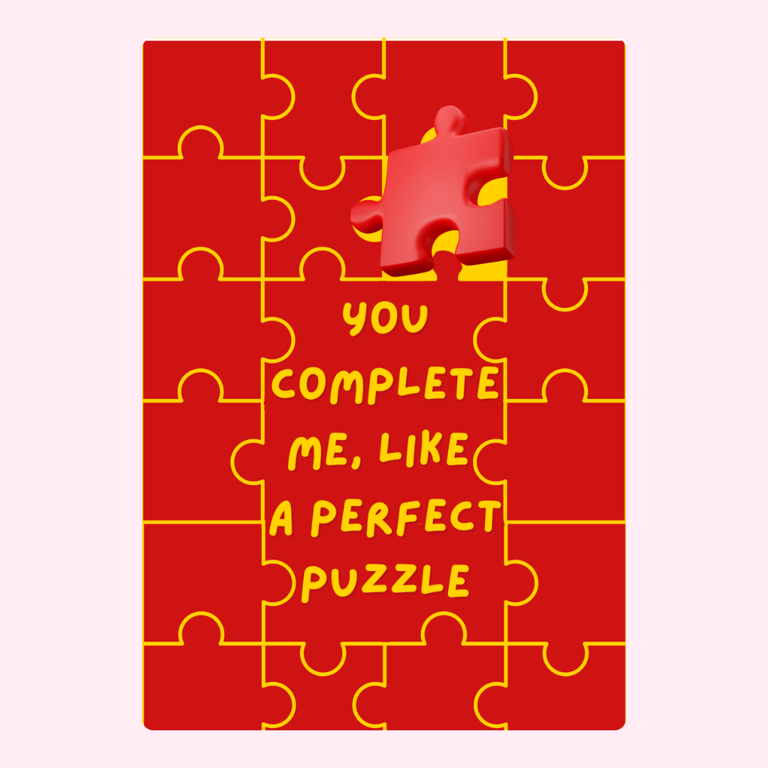Red puzzle card saying You complete me