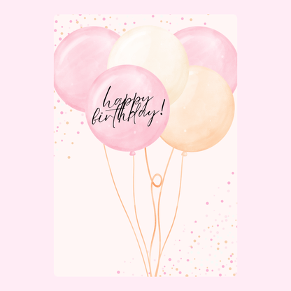 Pink and peach birthday balloons with handwritten text.