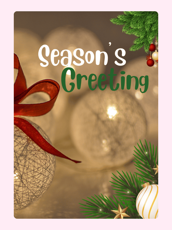 Season's Greeting card with string lights and ornaments