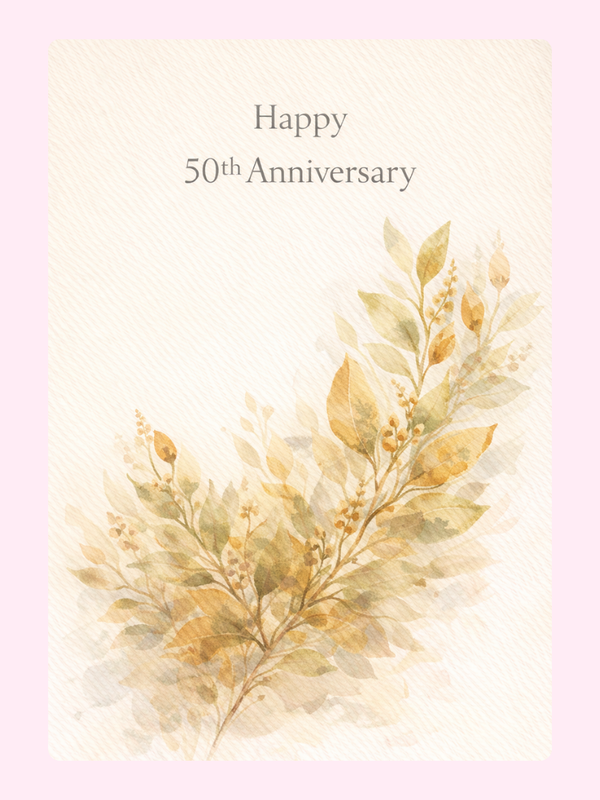 Gold Foliage 50th Anniversary Cake Card letterbox cake card with freshly baked cake slices