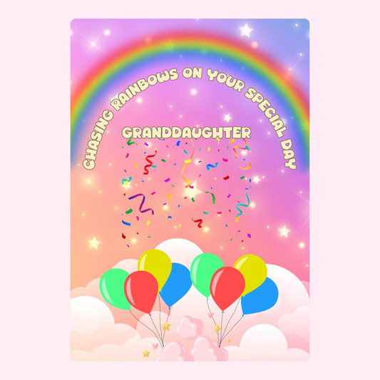 Birthday card for granddaughter with rainbow and balloons