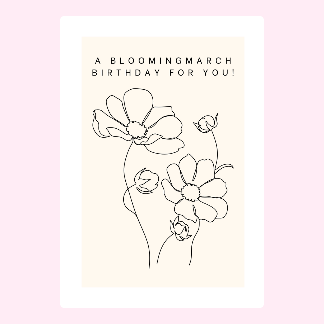 Blooming March birthday card with flower illustration.