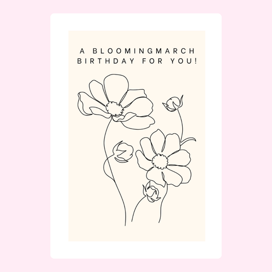 Blooming March birthday card with flower illustration.