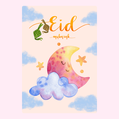 Eid Mubarak greeting card with crescent moon and ketupat