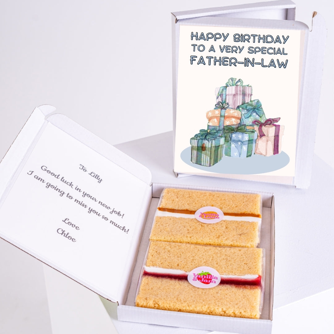 Letterbox cake gift with father-in-law birthday card.