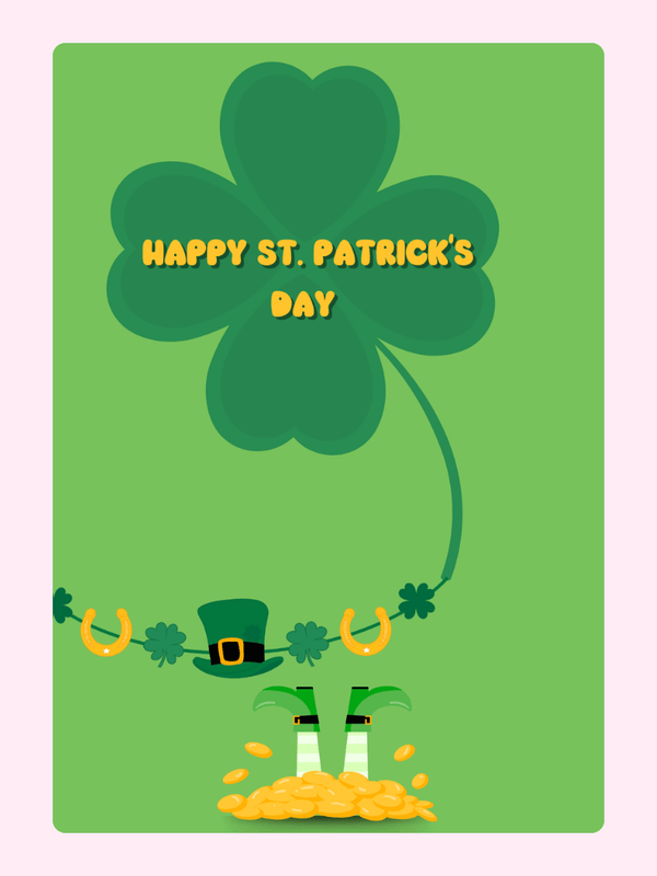 St. Patrick's Day card with shamrock, leprechaun, and gold coins.
