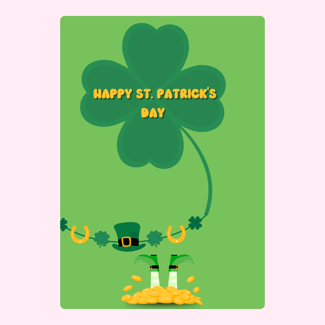 St. Patrick's Day card with shamrock, leprechaun, and gold coins.