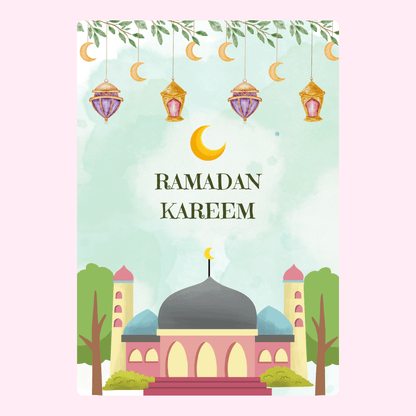 Ramadan Kareem greeting card with mosque and lanterns