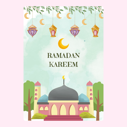 Ramadan Kareem greeting card with mosque and lanterns