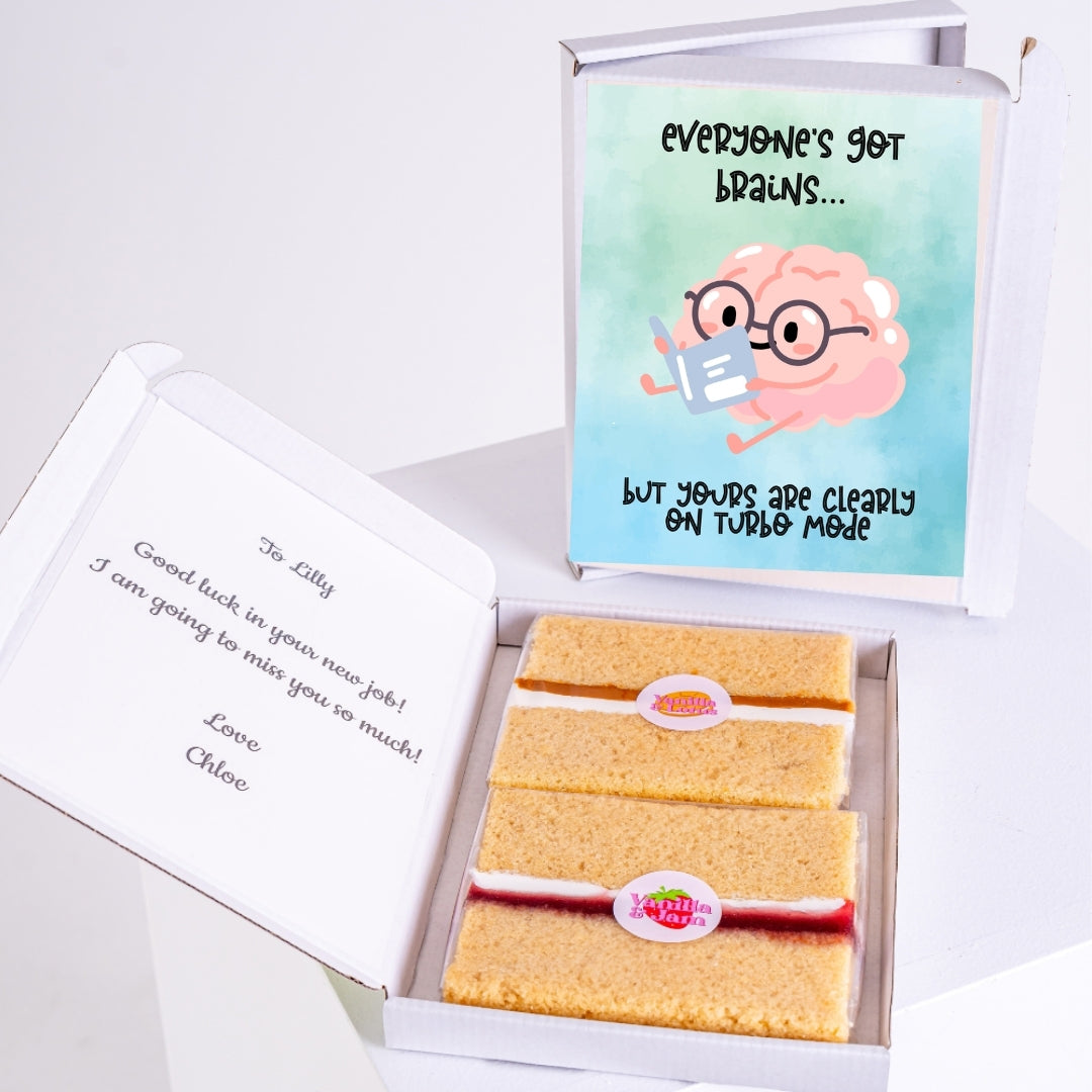 Brain-themed letterbox gift with vanilla slices and good luck message.