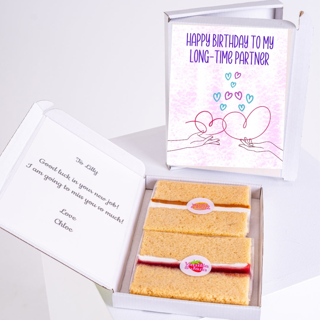 Letterbox cake gift with heart-themed design for long-time partner