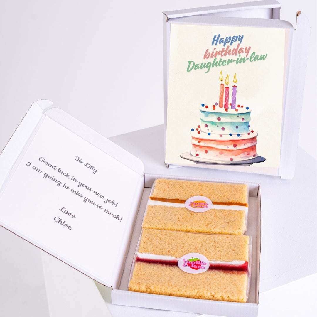 Letterbox cake gift with birthday message for daughter-in-law.