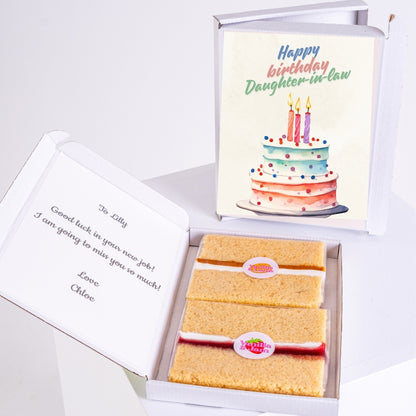 Letterbox cake gift with birthday message for daughter-in-law.