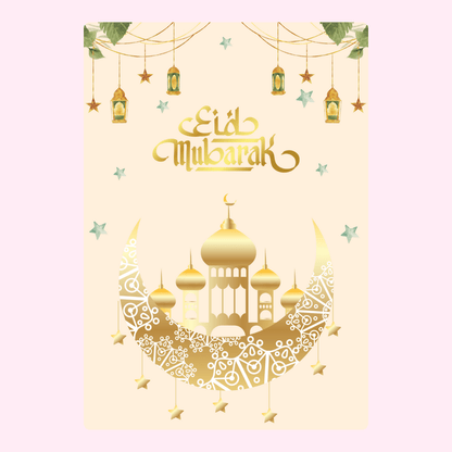 Eid Mubarak greeting card with mosque and crescent moon
