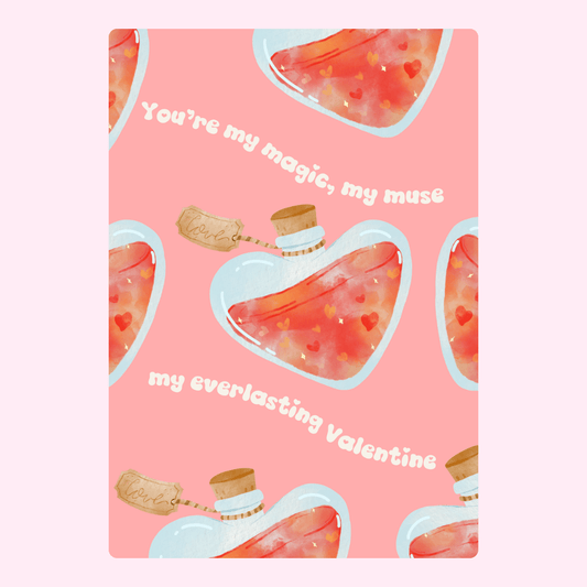 Valentine's Day card with heart-shaped potion and romantic quote.