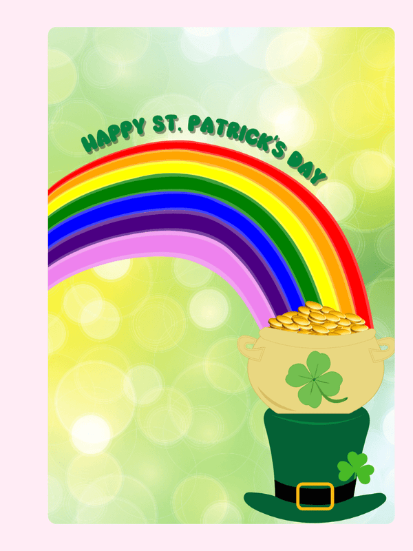 St. Patrick's Day card with rainbow, pot of gold, and leprechaun hat.