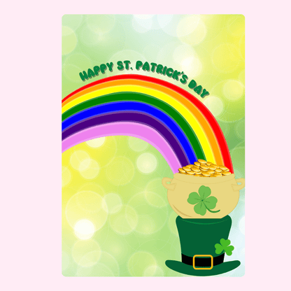St. Patrick's Day card with rainbow, pot of gold, and leprechaun hat.