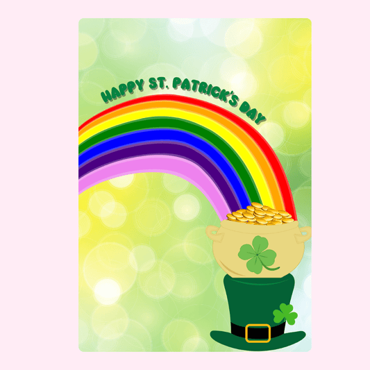 St. Patrick's Day card with rainbow, pot of gold, and leprechaun hat.