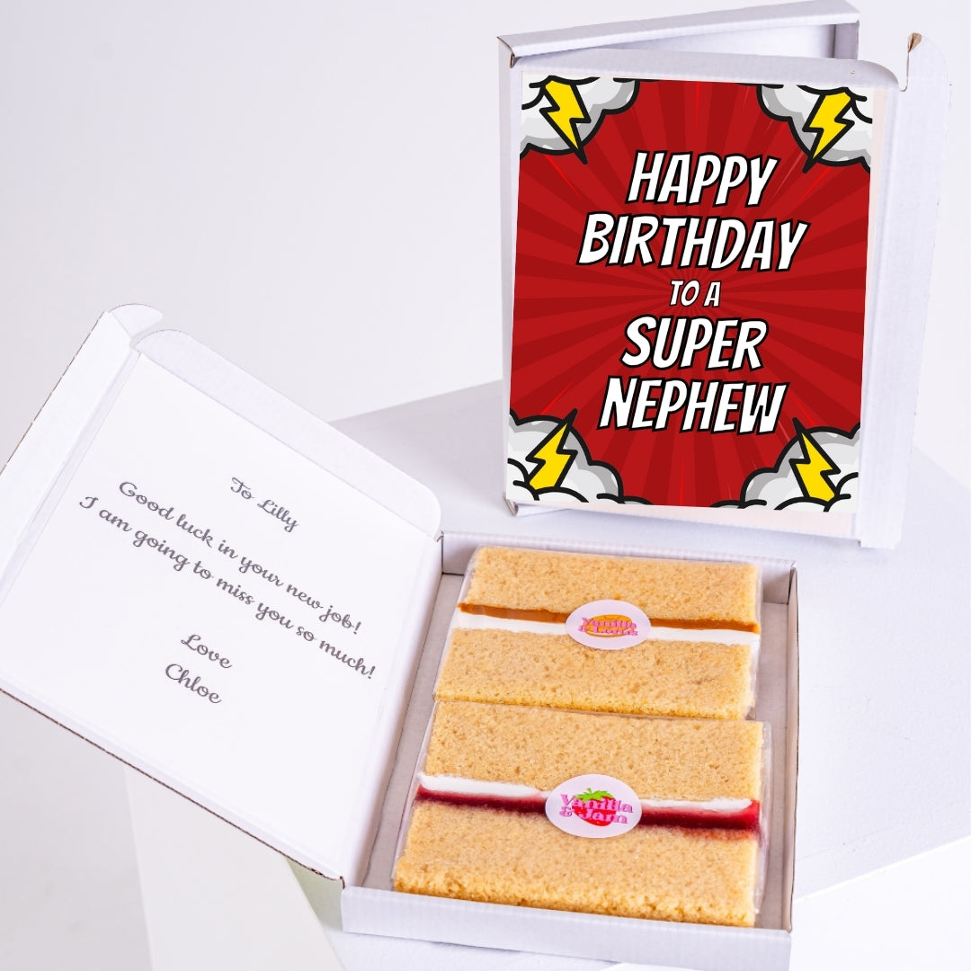 Letterbox cake gift with superhero nephew birthday message.