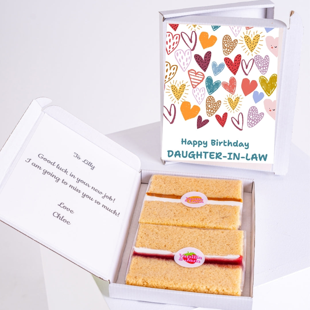 Letterbox cake gift with birthday message for daughter-in-law.
